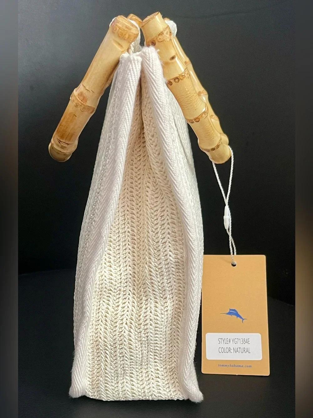 Tommy Bahama Cream Woven Raffia Tote with Bamboo Handles & Crossbody Chain
